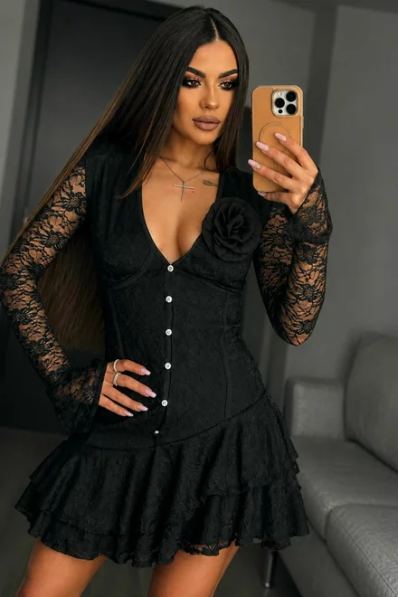Rochie de Dama, Scurta, din Dantela, cu Floare in Piept si Corset Bistrech, Deya, Neagru