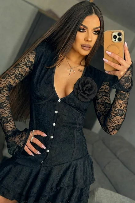 Rochie de Dama, Scurta, din Dantela, cu Floare in Piept si Corset Bistrech, Deya, Neagru