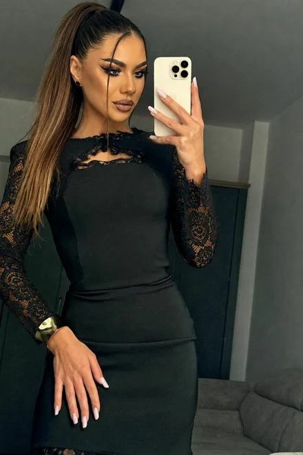 Rochie de Dama, Scurta, din Lycra, Accesorizata cu Dantela Neagra si Maneci Lungi, Casyyo, Neagru