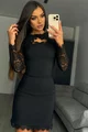 Rochie de Dama, Scurta, din Lycra, Accesorizata cu Dantela Neagra si Maneci Lungi, Casyyo, Neagru