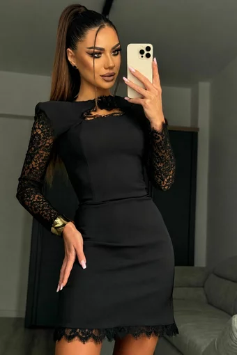 Rochie de Dama, Scurta, din Lycra, Accesorizata cu Dantela Neagra si Maneci Lungi, Casyyo, Neagru