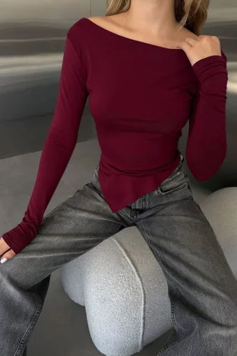 Bluza Casual de Dama , cu Maneci Lungi , din Bumbac , Aly , Burgundy