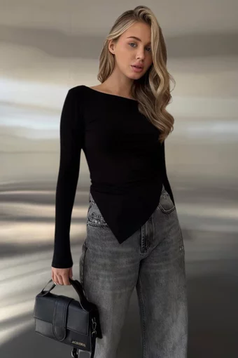 Bluza de Dama , din Bumbac  , Asimetrica , cu Maneci Lungi ,  Vela , Neagra