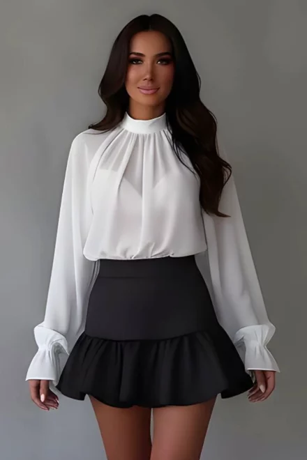 Bluza de Dama, din Voal, cu Maneci Lungi Bufante, Purity, Alba