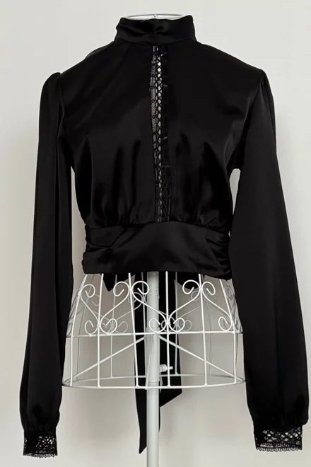 Camasa de Dama Eleganta, din Satin, cu Dantela si Cordon Legat la Spate, Blisse,Negru