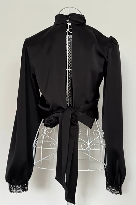 Camasa de Dama Eleganta, din Satin, cu Dantela si Cordon Legat la Spate, Blisse,Negru