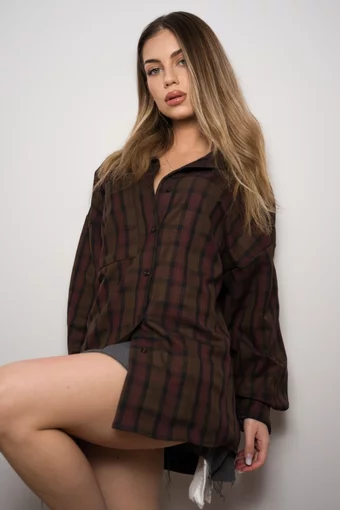 Camasa Oversize de Dama, in Carouri, cu Inchidere Nasturi, Jannet, Burgundy