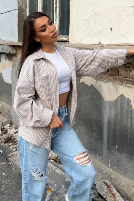 Camasa Oversize de Dama, in Carouri, din Bumbac, cu Maneci Lungi si Inchidere Nasturi, Annaid, Bej
