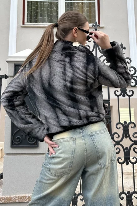 Cojoc de Dama, din Blana Ecologica, cu Inchidere Fermoar, Lollita, Gri