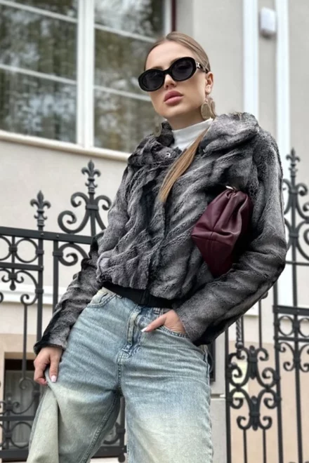 Cojoc de Dama, din Blana Ecologica, cu Inchidere Fermoar, Lollita, Gri