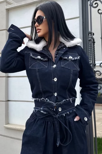 Cojoc de Dama, Matlasat, din Denim, cu Guler din Blana Ecologica Detasabil, Supremme, Blue