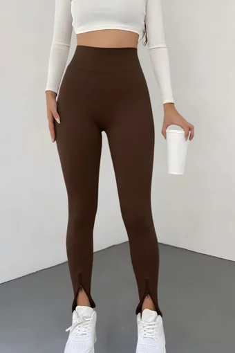 Colanti de Dama, din Lycra, cu Fermoare si Talie Inalta, Bethany, Maro