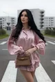 Compleu Dama, cu Print din Doua Piese, Camasa cu Maneci Maxi si Pantalon cu Voalne, Arrabian, Roz
