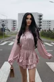 Compleu Dama, cu Print din Doua Piese, Camasa cu Maneci Maxi si Pantalon cu Voalne, Arrabian, Roz