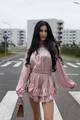 Compleu Dama, cu Print din Doua Piese, Camasa cu Maneci Maxi si Pantalon cu Voalne, Arrabian, Roz