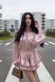 Compleu Dama, cu Print din Doua Piese, Camasa cu Maneci Maxi si Pantalon cu Voalne, Arrabian, Roz