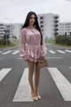 Compleu Dama, cu Print din Doua Piese, Camasa cu Maneci Maxi si Pantalon cu Voalne, Arrabian, Roz