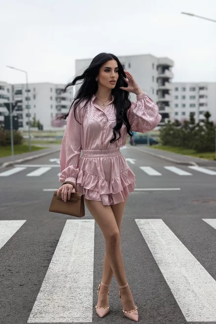 Compleu Dama, cu Print din Doua Piese, Camasa cu Maneci Maxi si Pantalon cu Voalne, Arrabian, Roz