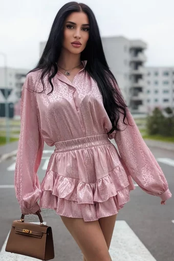 Compleu Dama, cu Print din Doua Piese, Camasa cu Maneci Maxi si Pantalon cu Voalne, Arrabian, Roz