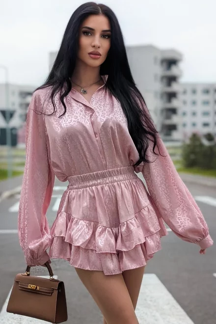 Compleu Dama, cu Print din Doua Piese, Camasa cu Maneci Maxi si Pantalon cu Voalne, Arrabian, Roz