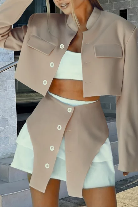 Compleu Dama de Bistrech, din Doua Piese, Sacou Scurt si Fusta cu Decupaj in Contrast si Dublura din Poplin, Bronzze, Alb-Bej