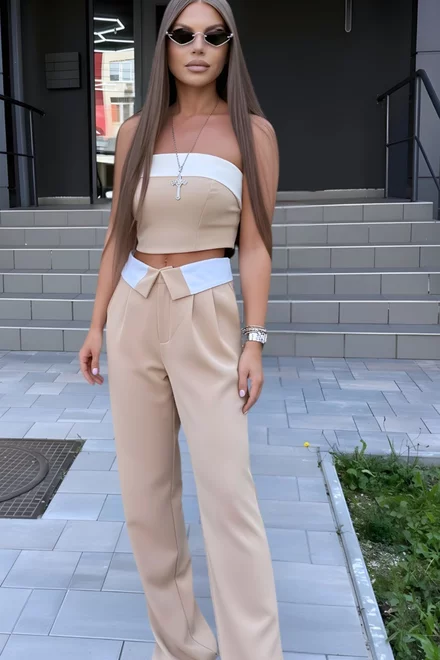 Compleu Dama, din Bistrech, Doua Piese, Pantalon cu Betelie si Top, Tiago, Bej