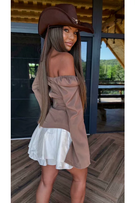 Compleu Dama, din Bistrech, Doua Piese, Top cu Maneci Lungi Crapate si Fusta cu Poplin Alb, Fantesya, Cappucino