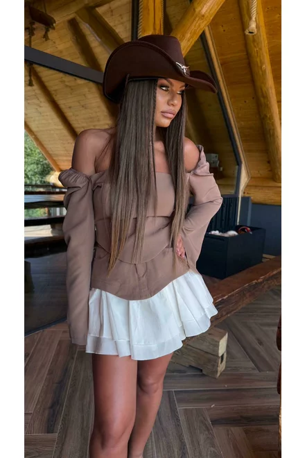 Compleu Dama, din Bistrech, Doua Piese, Top cu Maneci Lungi Crapate si Fusta cu Poplin Alb, Fantesya, Cappucino