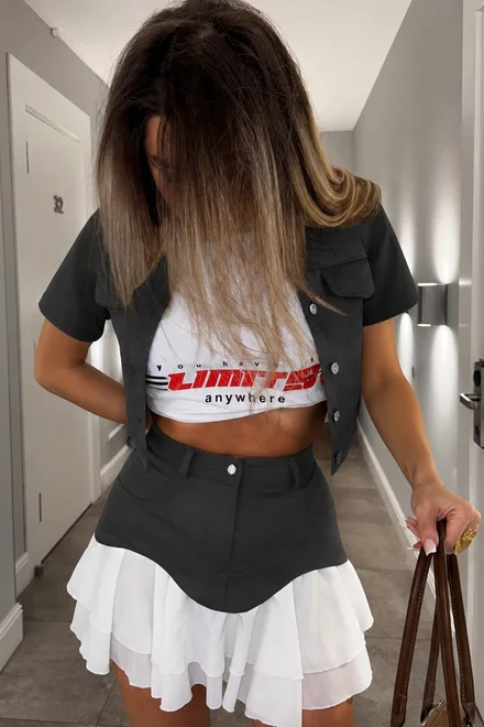 Compleu Dama din Bistrech, Sacou cu Maneca Scurta si Fusta cu Poplin Alb, Magnume, Negru