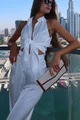Compleu Dama, din Doua Piese,cu Pantaloni Largi cu Talie Inalta si Top Camasa fara Maneci, Cretana, Alb