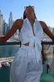 Compleu Dama, din Doua Piese,cu Pantaloni Largi cu Talie Inalta si Top Camasa fara Maneci, Cretana, Alb