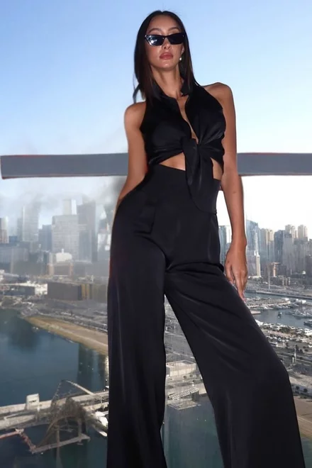 Compleu Dama, din Doua Piese,cu Pantaloni Largi cu Talie Inalta si Top Camasa fara Maneci, Intensso, Negru