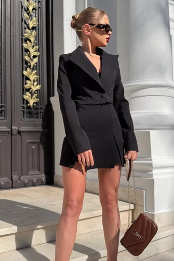 Compleu Dama, din doua Piese, Fusta  cu Crapaturi si Sacou Scurt, Klarissa, Negru