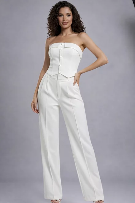 Compleu Dama, din Doua Piese, Top si Pantalon din Bistrech, Meliore, Alb