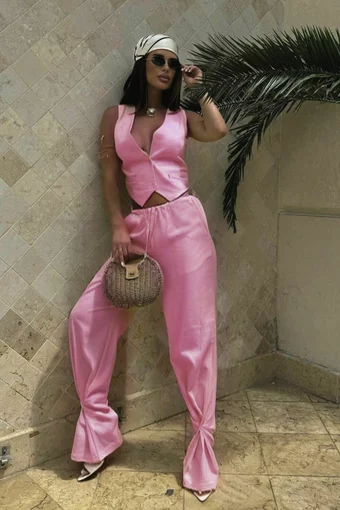 Compleu Dama, din Doua Piese, Vesta cu Inchidere Nasturi si Pantalon Lejer cu Buzunare, Mykonos, Roz