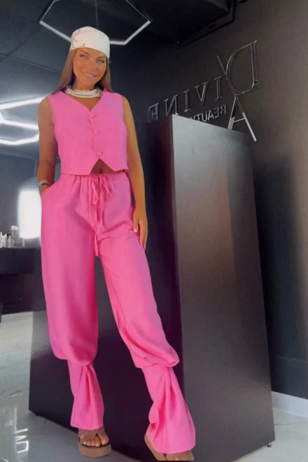 Compleu Dama, din Doua Piese, Vesta cu Inchidere Nasturi si Pantalon Lejer cu Buzunare, Mykonos, Roz
