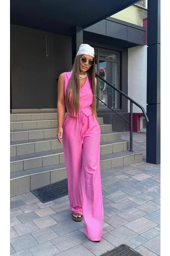 Compleu Dama, din Doua Piese, Vesta cu Inchidere Nasturi si Pantalon Lejer cu Buzunare, Mykonos, Roz