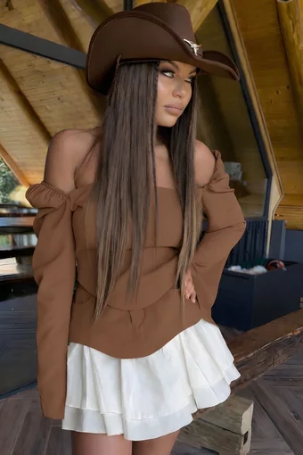 Compleu Dama, Doua Piese, Top cu Maneci Lungi Crapate si Fusta cu Poplin Alb, Noisette, Maro