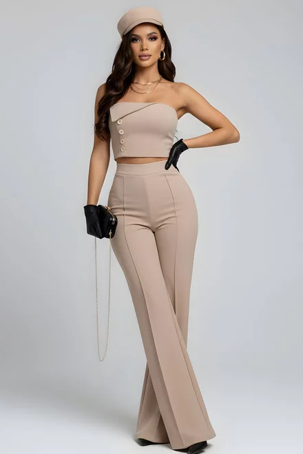 Compleu Dama, Doua Piese, Top si Pantalon din Bistrech, Hayddy, Bej