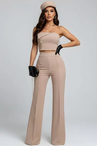 Compleu Dama, Doua Piese, Top si Pantalon din Bistrech, Hayddy, Bej