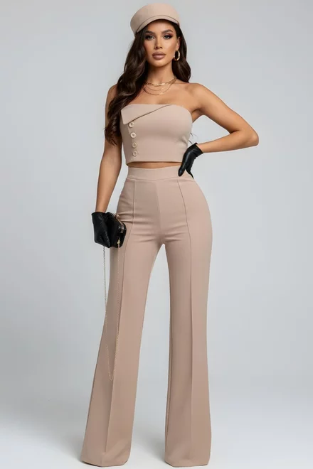 Compleu Dama, Doua Piese, Top si Pantalon din Bistrech, Hayddy, Bej