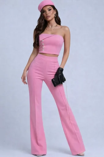 Compleu Dama ,Doua Piese , Top si Pantalon ,din Bistrech ,Josephine, Roz Bon-Bon