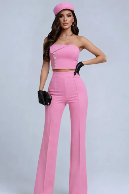 Compleu Dama ,Doua Piese , Top si Pantalon ,din Bistrech ,Josephine, Roz Bon-Bon