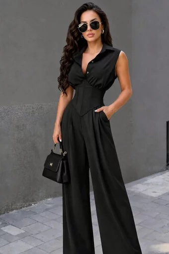 Compleu de Dama, Bluza cu Brau Tip Corset si Pantalon Lejer, din Bistrech, Alary, Negru