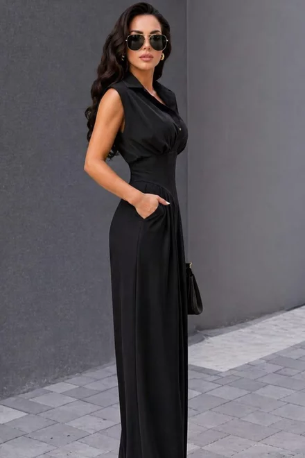 Compleu de Dama, Bluza cu Brau Tip Corset si Pantalon Lejer, din Bistrech, Alary, Negru