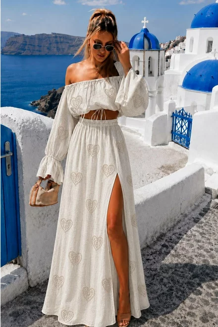 Compleu de Dama Brodat, din Tesatura Tip In, Fusta Lunga si Top cu Maneci Lungi, Calay, Ivoire
