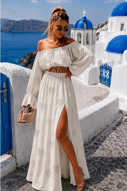 Compleu de Dama Brodat, din Tesatura Tip In, Fusta Lunga si Top cu Maneci Lungi, Calay, Ivoire