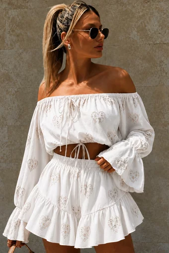 Compleu de Dama Brodat, din Tesatura Tip In, Top Scurt si Fusta Pantalon, Katrice, Ivoire