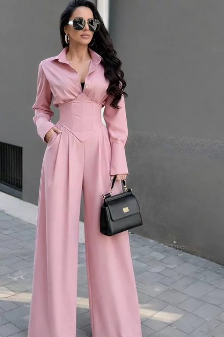 Compleu de Dama, Camasa cu Brau Tip Corset si Pantalon Lung Evazat, din Bistrech, Iris, Roz