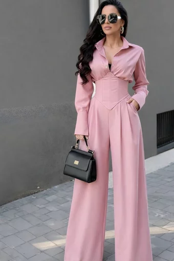 Compleu de Dama, Camasa cu Brau Tip Corset si Pantalon Lung Evazat, din Bistrech, Iris, Roz